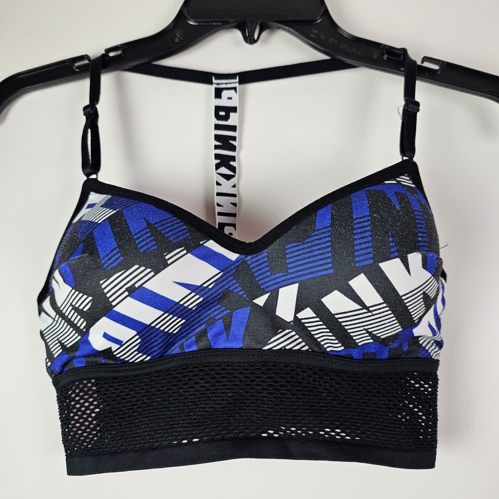 Victoria's Secret PINK Blue & Black Sports Bra Small Fishnet Trim T-Back Gym